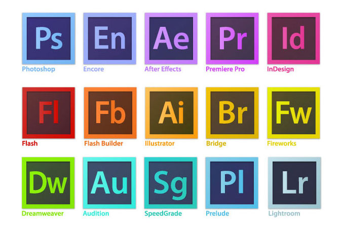 A picture with the Adobe Creative Suite icons: Photoshop, Encore, After Effect, Premiere Pro, InDesign, Flash, Flash Builder, Illustrator, Bridge, Fireworks, Dreamweaver, Audition, SpeedGrade, Prelude, Lightroom.