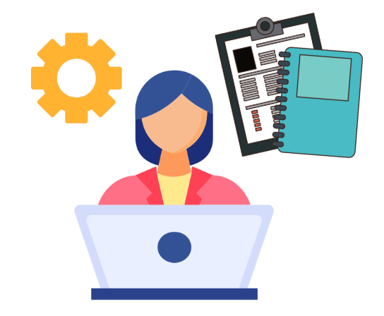 woman working at a computer with a gear system, clip art and spiral in the thought bubble