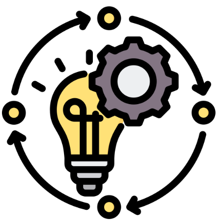 arrows in a cycle circling around a light bulb and gear