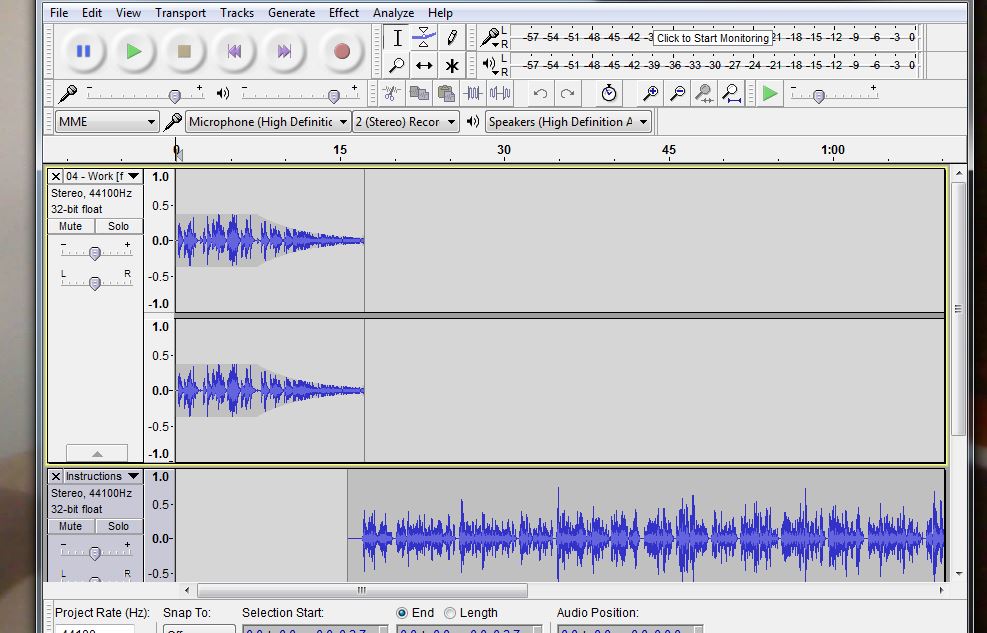 Image taken of my project in progress in Audacity. Click the image to hear the recording.