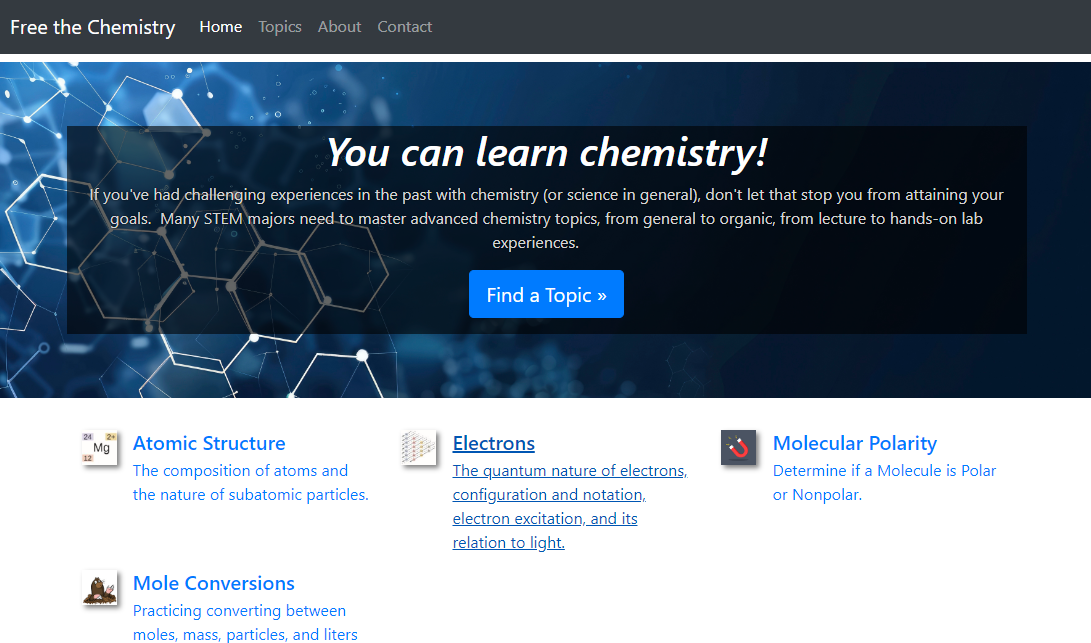 Screenshot of Front Page of Mock Website, with tagline 'You Can Learn Chemistry!'