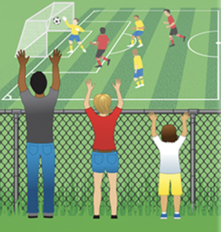 Kids watching a soccer game in front of a chain link fence. Each person is able to see the game since the fence is not blocking their view.