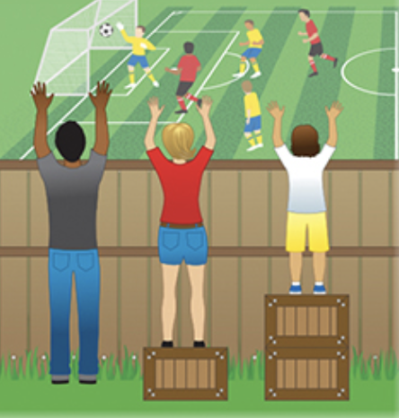 Kids watching a soccer game in front of a wooden fence. Each person is standing on a wooden box at different heights depending on how tall they are, allowing them to all see over the fence.